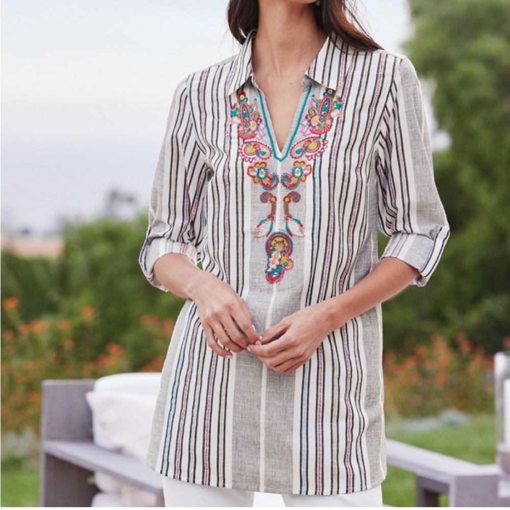 NEW Soft Surroundings Brookhaven Aruba Floral Embroidered Longline Cotton Tunic